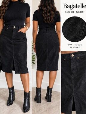 bagatelle Black Suede Leather Pencil Skirt with Front Vent